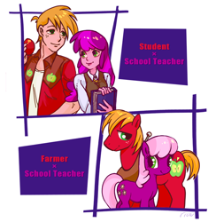 Size: 700x718 | Tagged: safe, artist:ya-a, derpibooru import, big macintosh, cheerilee, earth pony, pony, equestria girls, cheerimac, diptych, female, male, mare, shipping, stallion, straight