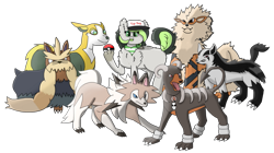 Size: 887x495 | Tagged: safe, artist:solarheclipse, derpibooru import, oc, oc:bree jetpaw, hyena, arcanine, boltund, crossover, hat, houndoom, lycanroc midday, mightyena, pokémon, simple background, stoutland, transparent background