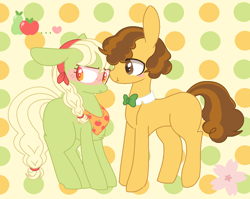 Size: 1046x834 | Tagged: safe, artist:sakurainu2715, derpibooru import, grand pear, granny smith, pony, abstract background, blushing, bowtie, female, male, pearsmith, shipping, straight, young grand pear, young granny smith, younger