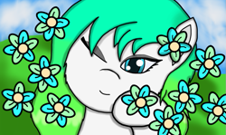 Size: 833x495 | Tagged: safe, artist:solarheclipse, derpibooru import, oc, oc only, bliss, blue eyes, bust, female, flower, solo, white skin, windows xp background