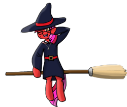 Size: 2667x2242 | Tagged: safe, artist:solarheclipse, derpibooru import, oc, oc only, oc:ruby star, broom, flying, flying broomstick, hat, male, one eye closed, simple background, solo, transparent background, witch, witch hat