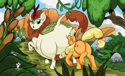 Size: 2896x1759 | Tagged: safe, artist:duragan, derpibooru import, applejack, autumn blaze, earth pony, kirin, pony, sounds of silence, :o, applebutt, autumn blob, blazebutt, bottom heavy, bump, bumping, butt, butt bump, dock, eyes closed, fat, huge butt, large butt, looking back, nose wrinkle, obese, open mouth, surprised, underhoof, walking