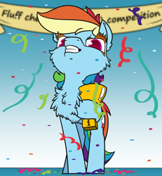 Size: 1500x1626 | Tagged: safe, artist:dacaoo, derpibooru import, rainbow dash, pegasus, pony, cheek fluff, chest fluff, confetti, solo, trophy, winner