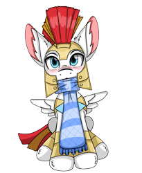 Size: 4003x4877 | Tagged: safe, alternate version, artist:cuddlelamb, derpibooru import, oc, oc only, oc:cuddlelamb, pegasus, pony, 2021 community collab, armor, big ears, blushing, clothes, derpibooru community collaboration, ears, helmet, male, royal guard, royal guard armor, scarf, simple background, sitting, solo, stallion, transparent background, wings