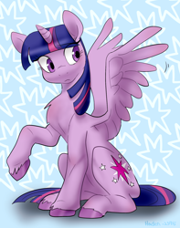 Size: 1500x1900 | Tagged: safe, artist:haden-2375, derpibooru import, twilight sparkle, twilight sparkle (alicorn), alicorn, pony, abstract background, chest fluff, eye clipping through hair, female, mare, raised hoof, sitting, solo, spread wings, unshorn fetlocks, wings