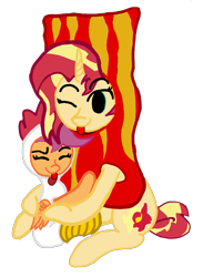 Size: 1359x1852 | Tagged: safe, artist:antique1899, derpibooru import, scootaloo, sunset shimmer, bird, chicken, pegasus, pony, unicorn, :p, animal costume, bacon, chicken suit, clothes, costume, cute, digital art, food, hug, meat, pun, scootachicken, shimmerbetes, silly, simple background, tongue out, transparent background, visual pun