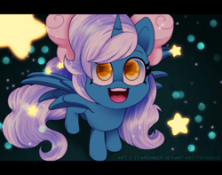 Size: 1145x900 | Tagged: safe, artist:starember, derpibooru import, oc, oc:fleurbelle, alicorn, alicorn oc, bow, chibi, female, golden eyes, hair bow, horn, mare, stars, wingding eyes, wings