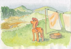 Size: 1000x687 | Tagged: safe, artist:adeptus-monitus, artist:monitus1, derpibooru import, oc, oc only, earth pony, pony, clothes line, female, forest, mare, mountain, river, scenery, solo, stream, traditional art, watercolor painting