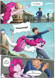 Size: 4961x7016 | Tagged: safe, artist:symptom99, derpibooru import, pinkie pie, oc, oc:mazin, comic:mistaken pie-dentity, equestria girls, blushing, bow, clothes, comic, commission, commissioner:imperfectxiii, female, geode of sugar bombs, glomp, hair bow, hat, hug, implied copper plume, magical geodes, male, mistaken identity, pants, shirt, shoes, skirt, smiling, speech bubble, sweatshirt, waving