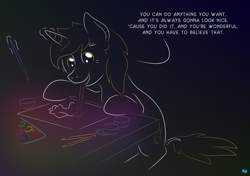 Size: 1134x799 | Tagged: safe, artist:quint-t-w, derpibooru import, oc, oc only, oc:dorm pony, pony, unicorn, advice, bob ross, gradient background, horn, magic, minimalist, modern art, motivational, paintbrush, painting, pencil, positive ponies, quote, simple background, solo, table, talking, unicorn oc, watercolour