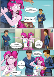 Size: 4961x7016 | Tagged: safe, artist:symptom99, derpibooru import, pinkie pie, oc, oc:copper plume, oc:mazin, comic:mistaken pie-dentity, equestria girls, backpack, book, bow, clothes, comic, commission, commissioner:imperfectxiii, dizzy, female, freckles, geode of sugar bombs, glasses, hair bow, magical geodes, male, mistaken identity, pants, shirt, skirt, sweatshirt