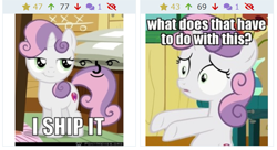 Size: 989x538 | Tagged: safe, derpibooru import, edit, edited screencap, screencap, sweetie belle, pony, unicorn, the fault in our cutie marks, caption, confused, cropped, cutie mark, derpibooru, female, filly, i ship it, image macro, le lenny face, meme, meta, ponymemes, reaction image, smug, solo, text, the cmc's cutie marks, two toned mane, two toned tail