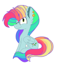 Size: 1378x1378 | Tagged: safe, artist:circuspaparazzi5678, derpibooru import, oc, oc:rainbow blitz, pegasus, pony, 2021 community collab, derpibooru community collaboration, ear piercing, earring, jewelry, magical lesbian spawn, multicolored hair, offspring, parent:fluttershy, parent:rainbow dash, piercing, rainbow hair, rainbow makeup, solo