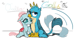 Size: 1100x600 | Tagged: safe, artist:johnerose126, derpibooru import, edit, gallus, ocellus, changedling, changeling, griffon, behaving like a cat, catbird, cute, diaocelles, female, luslus, male, shipping, simple background, sitting, smiling, straight, tail wag, white background