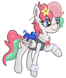 Size: 738x867 | Tagged: safe, artist:coffeeponee, derpibooru import, oc, oc only, oc:coffeeflower, pegasus, 2021 community collab, bowtie, clothes, derpibooru community collaboration, female, flower, flower in hair, fluffy, mare, plushie, simple background, solo, transparent background