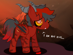 Size: 1602x1201 | Tagged: safe, artist:ragedox, derpibooru import, oc, oc:anger of darkness, demon, demon pony, hybrid, incubus, original species, pony, black sclera, blood, cambion, crying, demon wings, fangs, golden eyes, horn, male, sad, tears of blood, vector, wings