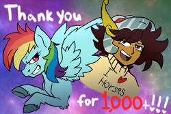 Size: 845x564 | Tagged: safe, artist:the-star-hunter, derpibooru import, rainbow dash, human, pegasus, pony, abstract background, clothes, colored hooves, dark skin, duo, female, mare, milestone, saint seiya, smiling, smirk