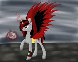 Size: 5000x4000 | Tagged: safe, artist:crystalcontemplator, derpibooru import, oc, oc only, alicorn, pony, fallout equestria, alicorn oc, bag, glowing horn, horn, magic, pipbuck, raised hoof, saddle bag, solo, telekinesis, wings