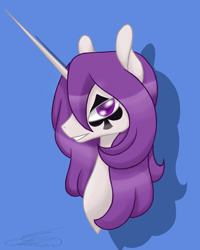 Size: 4000x5000 | Tagged: safe, artist:crystalcontemplator, derpibooru import, oc, oc only, pony, unicorn, blue background, bust, horn, signature, simple background, smiling, tattoo, unicorn oc