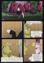 Size: 1600x2291 | Tagged: safe, artist:tillie-tmb, derpibooru import, oc, oc only, oc:eddy treble, oc:narcisse pavo, unicorn, comic:the amulet of shades, cigarette, door, graffiti