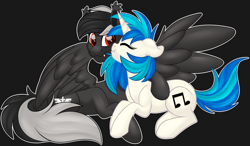 Size: 3904x2284 | Tagged: safe, artist:missmele-madness, derpibooru import, dj pon-3, vinyl scratch, oc, oc:darkangel, pony, undead, unicorn, vampire, vampony, oc x cannon