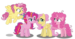 Size: 2528x1341 | Tagged: safe, artist:yonipony, derpibooru import, fluttershy, pinkie pie, oc, oc:candy cloud, oc:flutter balloon, earth pony, pegasus, pony, unicorn, g4, base used, family, female, flutterpie, lesbian, magical lesbian spawn, offspring, parent:fluttershy, parent:pinkie pie, parents:flutterpie, shipping, simple background, transparent background