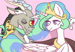 Size: 1600x1100 | Tagged: safe, artist:emiiambar, derpibooru import, discord, princess celestia, alicorn, pony, dislestia, female, male, shipping, straight