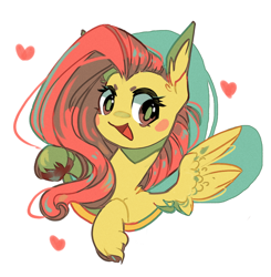 Size: 900x918 | Tagged: safe, artist:duckjifs246, derpibooru import, fluttershy, pegasus, pony, blush sticker, blushing, bust, colored hooves, ear fluff, female, heart, looking at you, mare, open mouth, portrait, simple background, smiling, solo, spread wings, three quarter view, unshorn fetlocks, white background, wings