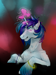 Size: 1500x2000 | Tagged: safe, artist:rrrover, derpibooru import, dj pon-3, vinyl scratch, pony, unicorn, bracelet, bust, female, glowing horn, glowstick, hoof fluff, horn, jewelry, mare, solo