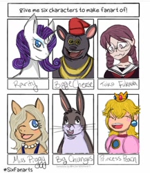 Size: 990x1138 | Tagged: safe, artist:galacticaries, derpibooru import, rarity, anthro, human, pig, pony, rabbit, unicorn, :d, animal, anthro with ponies, big chungus, bugs bunny, bust, clothes, crossover, crown, danganronpa, female, hair over one eye, hat, jewelry, mare, miss piggy, necklace, pearl necklace, princess peach, regalia, six fanarts, smiling, super mario bros., toko fukawa