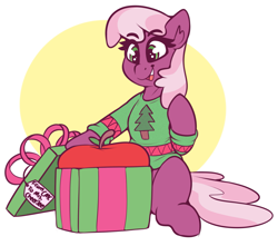 Size: 2225x1969 | Tagged: safe, artist:graphene, derpibooru import, cheerilee, earth pony, pony, apple, cheeribetes, christmas, christmas sweater, clothes, cute, female, food, giant apple, happy, holiday, mare, open mouth, present, solo, sweater