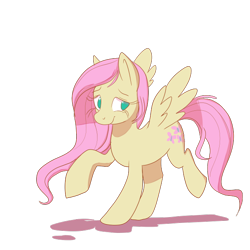 Size: 600x600 | Tagged: safe, artist:prettyproglottids, derpibooru import, fluttershy, pegasus, pony, female, looking at you, mare, no pupils, raised hoof, raised leg, simple background, smiling, solo, spread wings, three quarter view, transparent background, wings