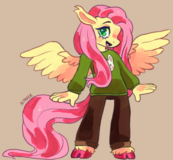 Size: 1000x923 | Tagged: safe, artist:blynxee, derpibooru import, fluttershy, anthro, pegasus, unguligrade anthro, clothes, cloven hooves, colored hooves, female, simple background, smiling, solo, sweater, sweatershy, tan background