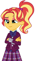 Size: 1024x1764 | Tagged: safe, artist:emeraldblast63, derpibooru import, sunset shimmer, equestria girls, alternate hairstyle, clothes, crystal prep academy uniform, eyeshadow, makeup, ponytail, school uniform, simple background, solo, transparent background