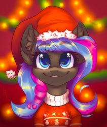 Size: 1600x1900 | Tagged: safe, artist:falafeljake, derpibooru import, oc, oc only, oc:obabscribbler, earth pony, pony, christmas, christmas lights, clothes, ear fluff, eyebrows visible through hair, female, holiday, mare, solo, sweater