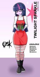 Size: 984x1860 | Tagged: safe, artist:oldskullkid, derpibooru import, twilight sparkle, equestria girls, boots, christmas, clothes, gift wrapped, glasses, holiday, shoes, socks, solo, striped socks, sweater