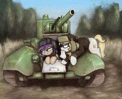 Size: 1860x1510 | Tagged: safe, artist:t72b, derpibooru import, march gustysnows, oc, oc:tenk pone, earth pony, pony, annoyed, bt-7, duo, dust, female, forest, grass, gun, hat, helmet, looking at someone, looking away, looking sideways, mare, mouth hold, police officer, scrunchy face, speeding, speeding ticket, tank (vehicle), ushanka, weapon
