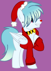 Size: 860x1200 | Tagged: safe, artist:circuspaparazzi5678, derpibooru import, oc, oc:suga water, pegasus, pony, base used, christmas, clothes, collar, ear piercing, earring, hat, holiday, jacket, jewelry, jingle bells, piercing, purple background, red nose, santa hat, simple background, smiling, solo