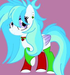 Size: 2092x2248 | Tagged: safe, artist:circuspaparazzi5678, derpibooru import, oc, oc:crystal moonshine, pegasus, pony, base used, christmas, christmas tree, clothes, collar, ear piercing, earring, eyeshadow, holiday, holly, jewelry, magical lesbian spawn, makeup, offspring, parent:rainbow dash, parent:twilight sparkle, parents:twidash, piercing, purple background, simple background, smiling, socks, solo, tree