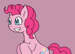 Size: 982x711 | Tagged: safe, artist:cmara, derpibooru import, pinkie pie, earth pony, pony, bipedal, female, grin, mare, pink background, raised hoof, simple background, smiling, solo