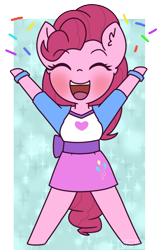 Size: 908x1407 | Tagged: safe, artist:puetsua, pinkie pie, anthro, pony, unguligrade anthro, equestria girls, blushing, chibi, confetti, cute, diapinkes, ear fluff, equestria girls ponified, eyes closed, female, happy, open mouth, ponified, smiling, solo
