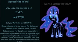 Size: 1046x569 | Tagged: safe, nightmare moon, princess luna, alicorn, pony, my little pony: pony life, angry, black background, blm, dialogue, female, mare, nightmare eyes, simple background, solo, text