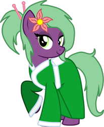 Size: 2795x3397 | Tagged: safe, artist:feathertrap, oc, oc:spring bloom, earth pony, pony, 1000 hours in gimp, chopsticks in hair, clothes, eyelashes, female, flower in hair, mare, simple background, solo, transparent background, vaguely asian robe, vector
