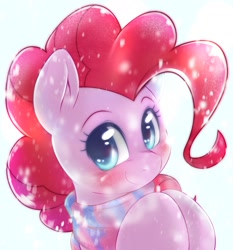 Size: 1647x1768 | Tagged: safe, artist:kurogewapony, derpibooru import, pinkie pie, earth pony, pony, blushing, bust, clothes, cute, diapinkes, female, looking at you, mare, portrait, scarf, snow, snowfall, solo, winter