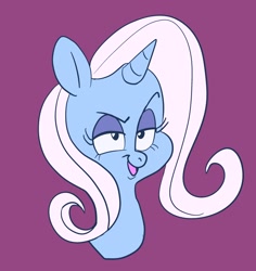 Size: 1936x2048 | Tagged: safe, artist:cosmicrewinds, derpibooru import, trixie, pony, unicorn, bust, female, lidded eyes, mare, open mouth, portrait, purple background, simple background, smug, solo