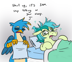 Size: 532x460 | Tagged: safe, artist:jargon scott, derpibooru import, gallus, sandbar, earth pony, griffon, pony, bags under eyes, bed, confused, derp, drool, duo, eyes closed, male, messy mane, no nut november, pillow, question mark, stallion, talking, waking up