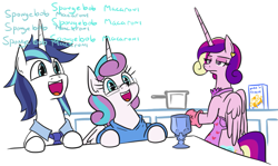 Size: 897x536 | Tagged: safe, alternate version, artist:jargon scott, derpibooru import, princess cadance, princess flurry heart, shining armor, alicorn, pony, unicorn, :d, apron, bipedal, cadance is not amused, chalice, clothes, cooking, cute, daughters gonna daughter, father and child, father and daughter, fathers gonna father, female, flurrybetes, food, glasses, housewife, husband and wife, kitchen, like father like daughter, like parent like child, macaroni, male, mare, mother and child, mother and daughter, naked apron, necktie, nerd, nerdy heart, older, older flurry heart, oven mitts, parent and child, pasta, shining adorable, smiling, stallion, sweater, unamused