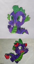 Size: 500x944 | Tagged: safe, artist:and now... a derpibooru user, derpibooru import, spike, dragon, horse play, it ain't easy being breezies, abuse, drawing, food, solo, spikeabuse, tomato, tomatoes