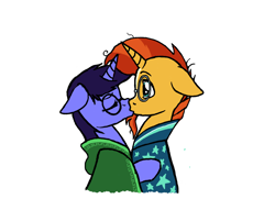 Size: 1344x1080 | Tagged: safe, artist:grymnoire, derpibooru import, sunburst, oc, oc:deep delver, pony, unicorn, canon x oc, cloak, clothes, female, glasses, kissing, male, mare, shipping, stallion, straight