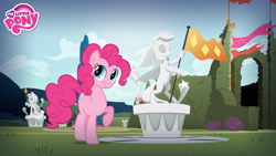 Size: 1920x1080 | Tagged: safe, derpibooru import, pinkie pie, earth pony, pony, canterlot, garden, hasbro, official, restore the elements of magic, smiling, statue, vector, wallpaper